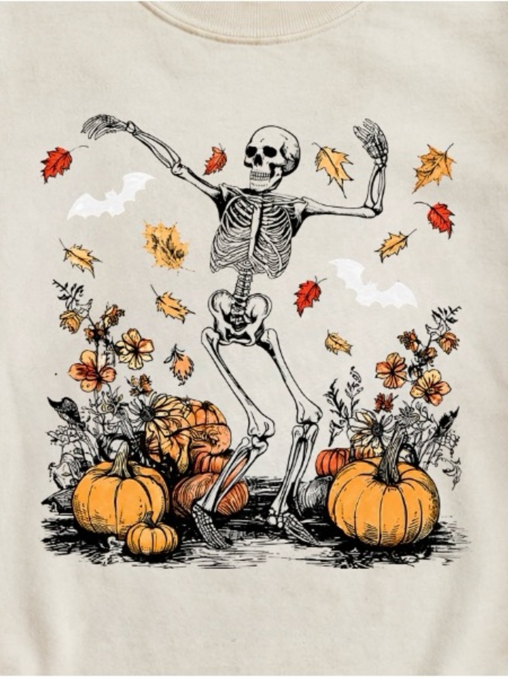 Gildan Cream Short Sleeve Tee with Dancing Skeleton & Pumpkin Art - Picture 2 of 2